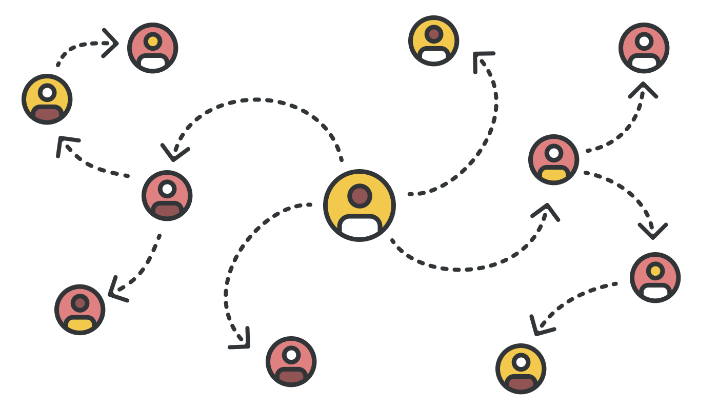 An illustration showing several people connected by lines or relationships
